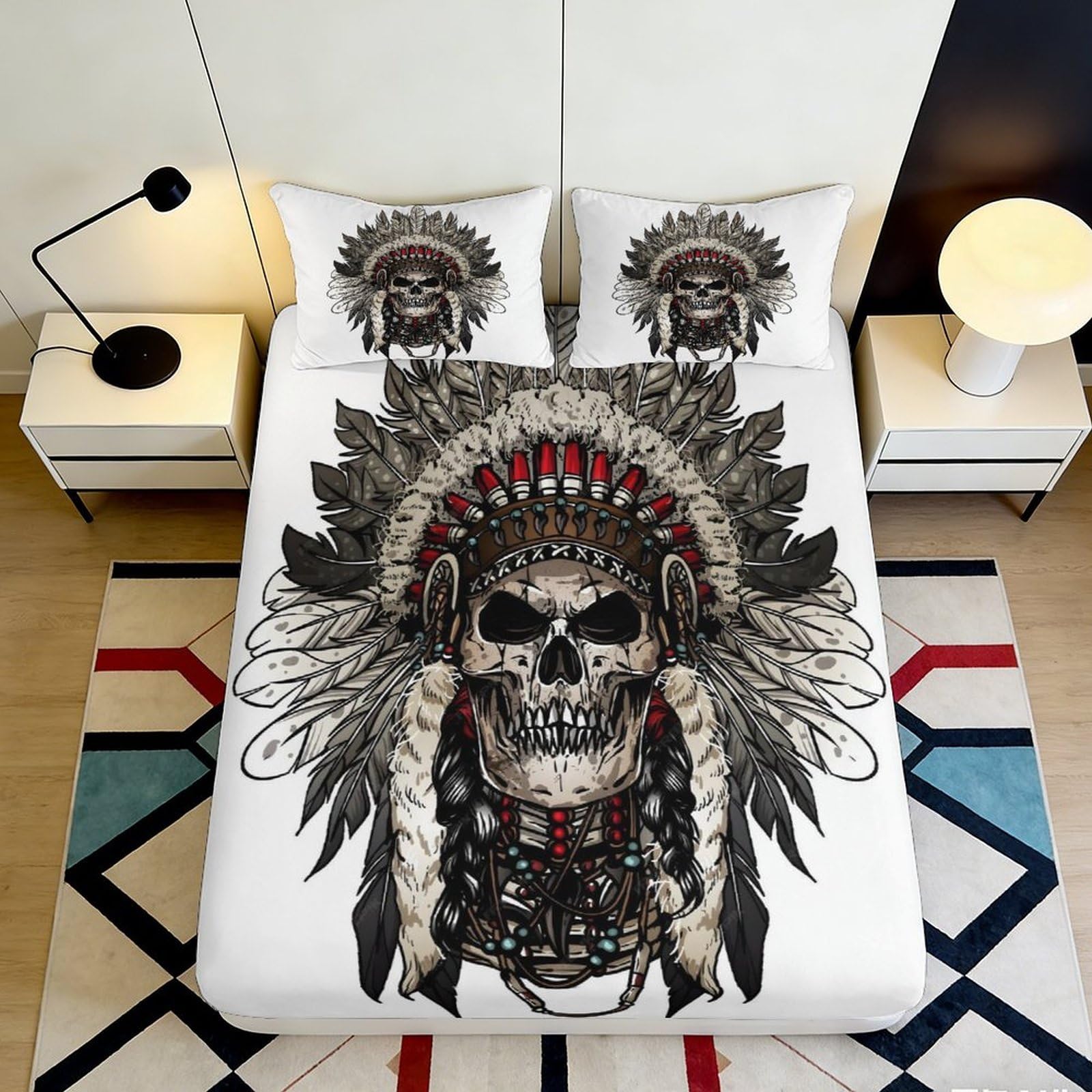 3D Printed Skull Chief Fitted Sheet Microfiber Soft Non Slip Native Headdress Bed Cover for Bedroom Decor Protection 90x200x25cm