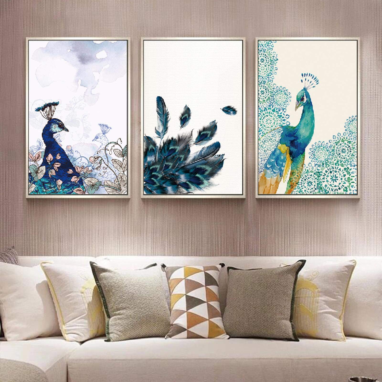 Decoración de dormitorio moderno personalizado hermoso pavo real y pluma póster impresión lienzo pintura imagen hogar pared arte 20x35cm (8x14in) x3 con marco