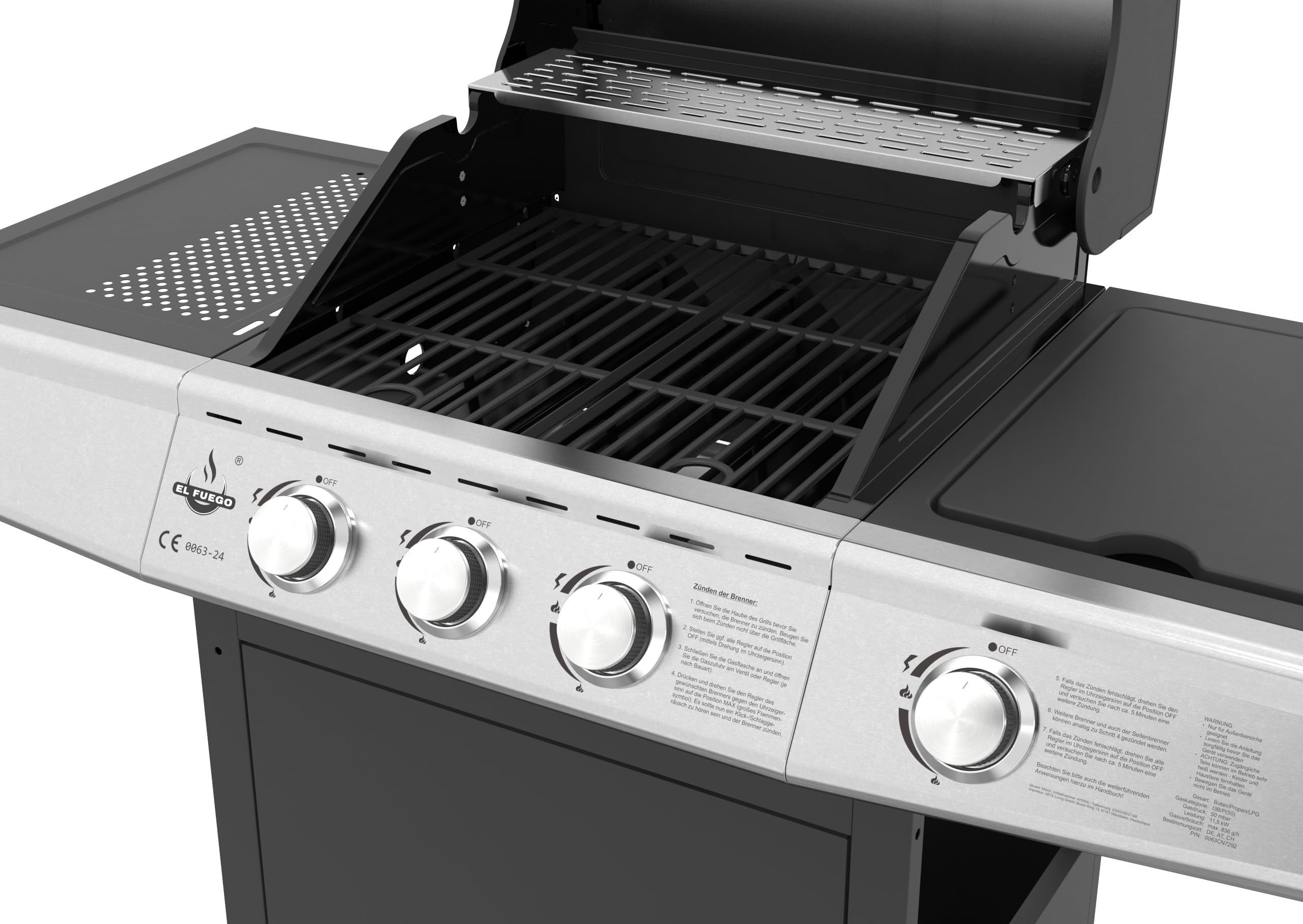 Grill gazowy "MIAMI" firmy El Fuego® 3 główne palniki + 1 palnik boczny | palnik ze stali nierdzewnej | w zestawie wąż gazowy i reduktor ciśnienia | grill wędzarniczy BBQ | AY 506