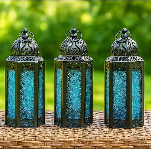 Vela Lanterns - Farol portavelas decorativo estilo marroquí cristal azul tamaño mediano
