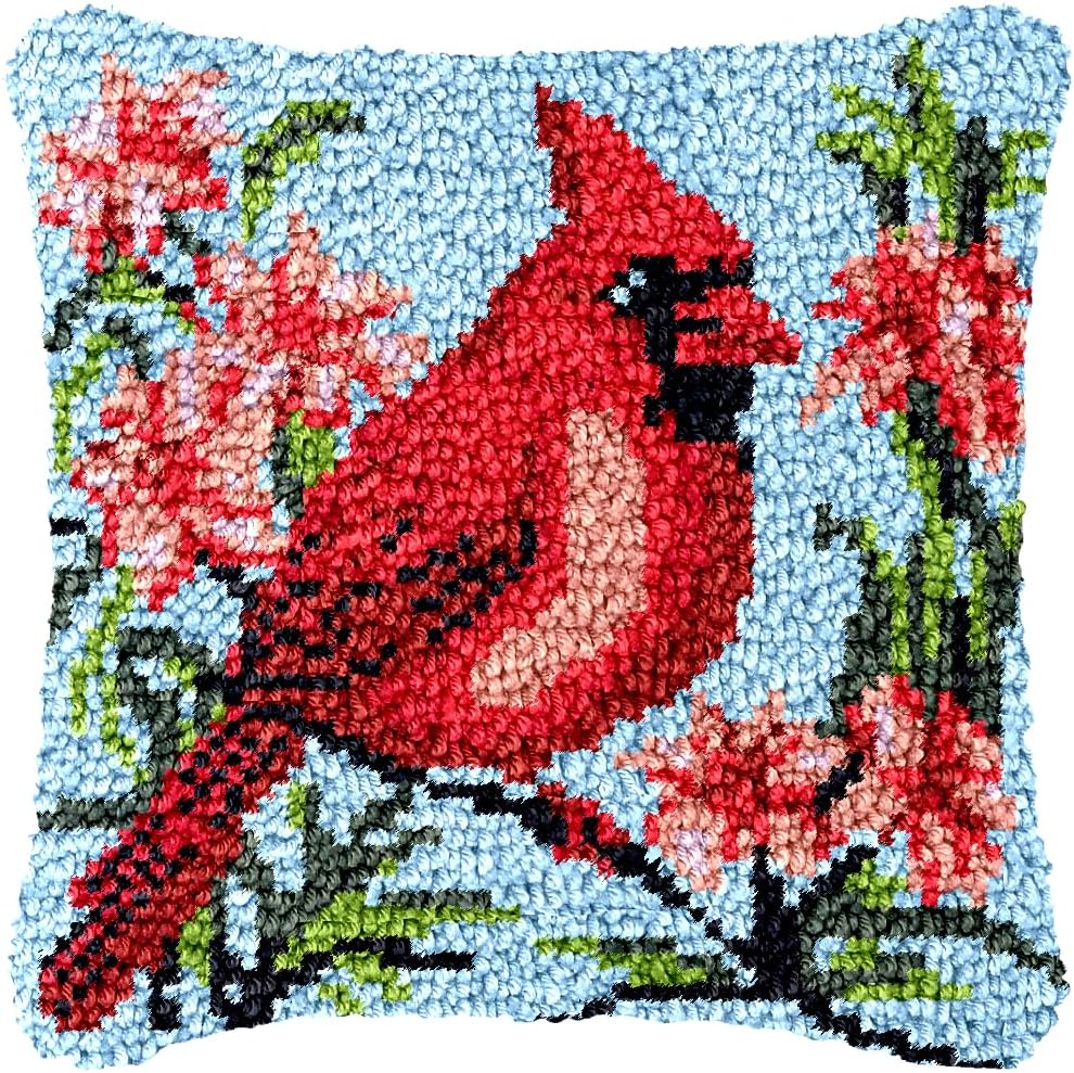 Christmas Red Bird Cardinal Latch Hook Pillow Kit for Adults Throw Pillow Cover with Printed Canvas Hook Crochet Yarn Needle Craft Easy Handmade Cushion for Home Sofa Decoration 43x43cm(2)