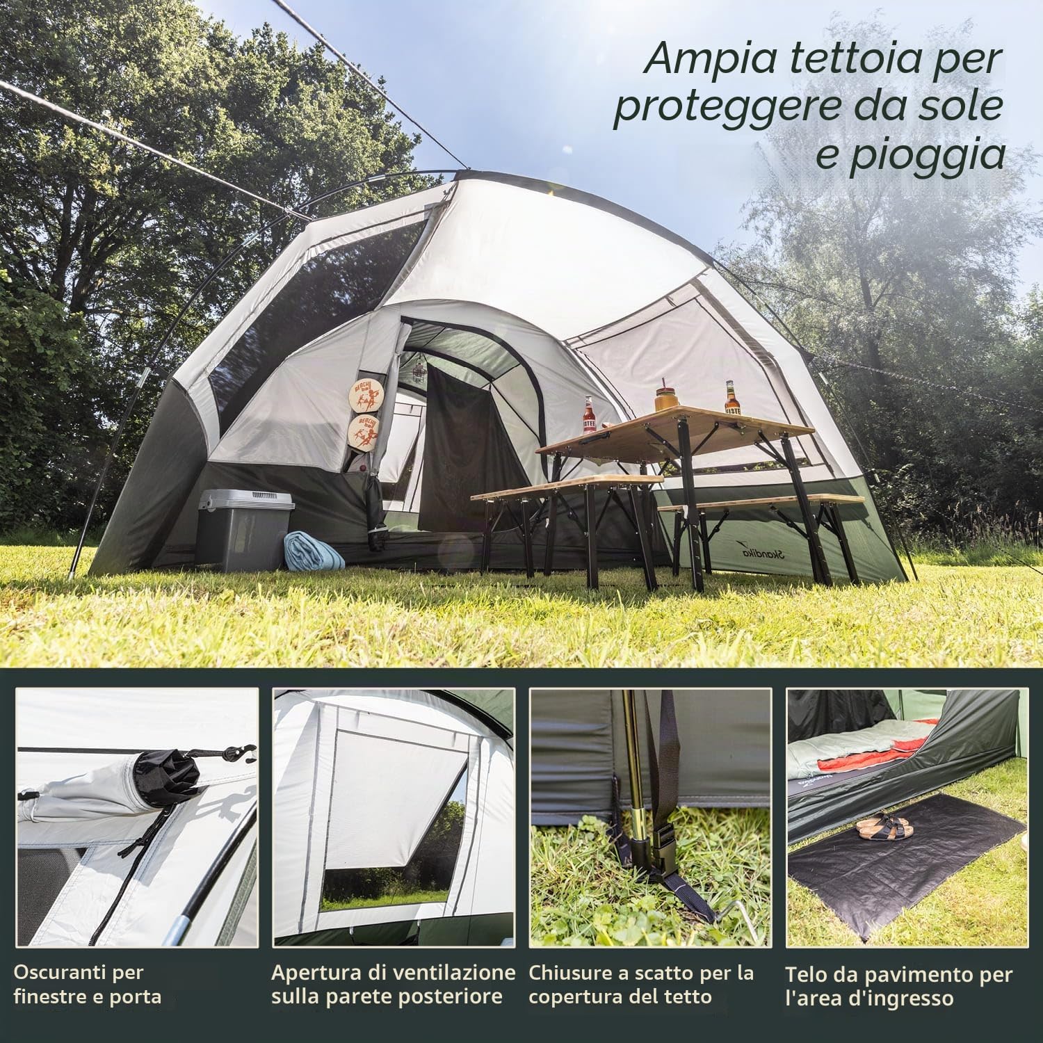 Skandika Indal 5 Tenda da campeggio tunnel | per 5 persone, tetto panoramico, con tettuccio, pavimento cucito, colonna d'acqua 3000 mm, zanzariera | tenda per famiglie, outdoor