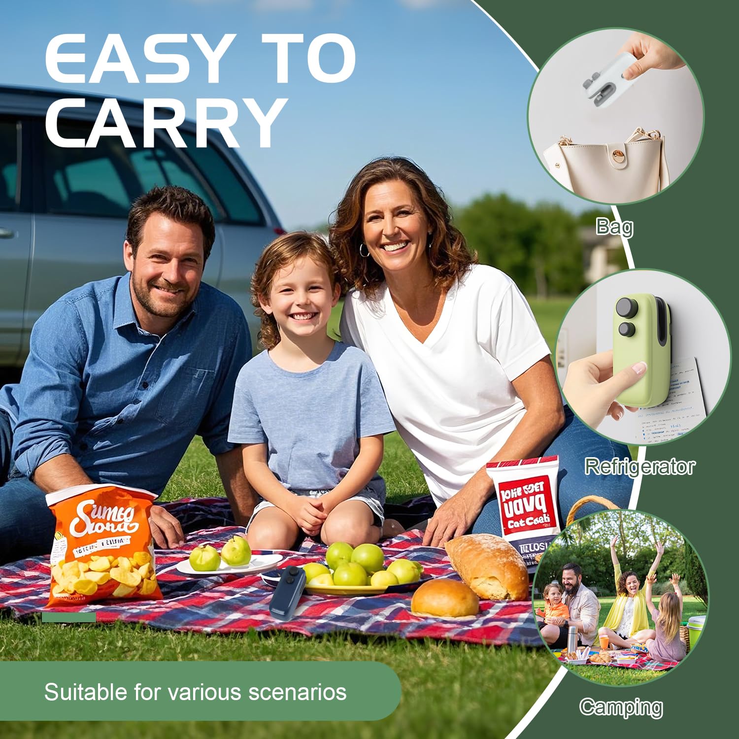 Mini Bag Sealer 2-in-1 Heat Seal Tool & Cutter Portable Magnetic USB Rechargeable Handheld Vacuum Food Sealer Easy-to-Use with Magnetic for Fresh Storage for Snacks/Fruits/Vegetables (Green)