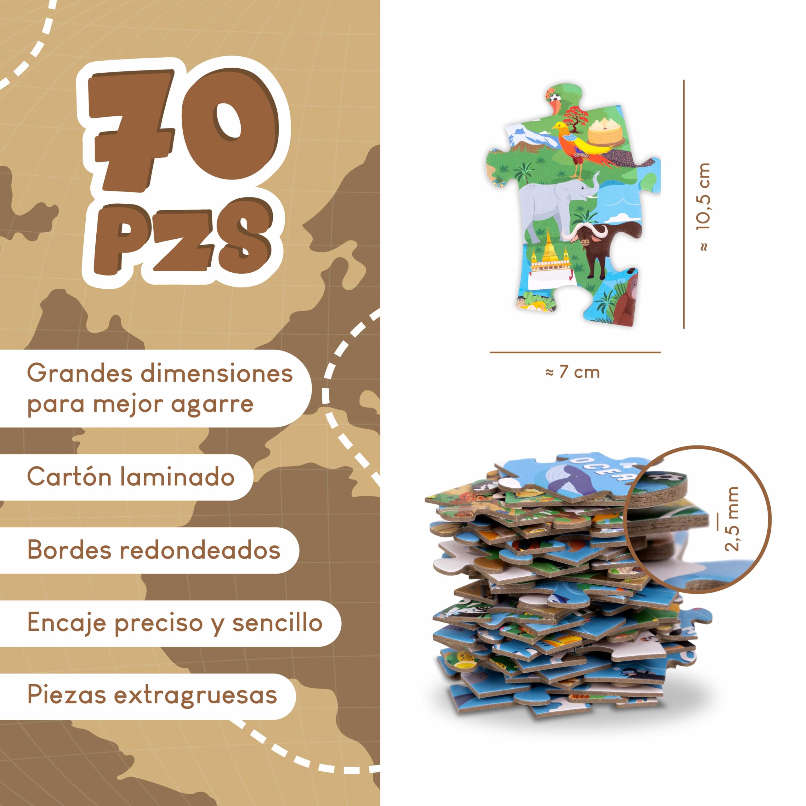 BONNYCO Puzzle XXL Mapa Mundi Niños con 70 Piezas Grandes. Rompecabezas Redondo con Animales, 58 x 58 cm, 15 Tarjetas, 4 Figuras y Guía. Juegos Educativos, Regalos, Juguetes Niños 4 Años