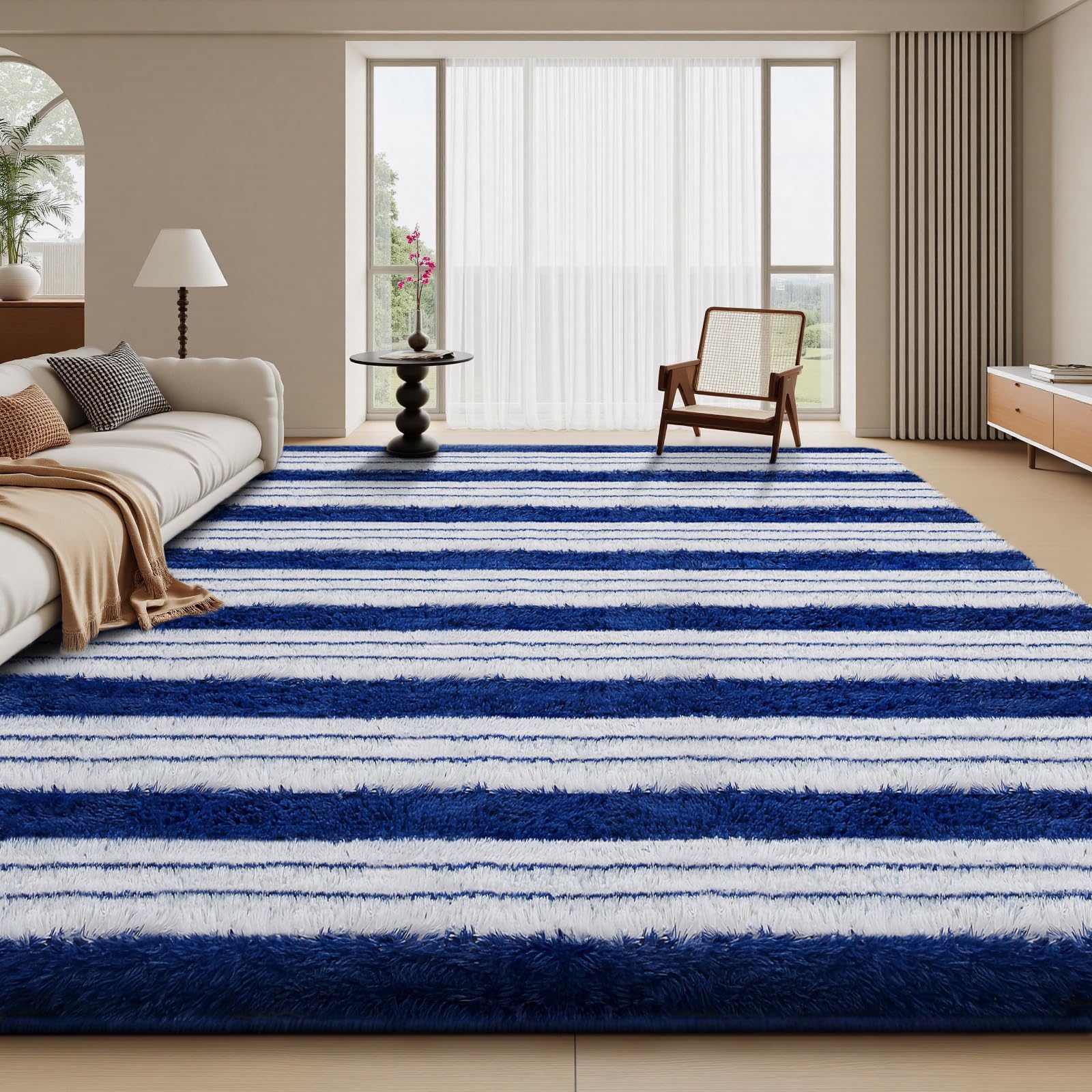Sour Lemon Blue Rugs Living Room 160x230cm, Striped Area Rug for Bedroom, Washable Rug Anti Slip, Extra Large Fluffy Shaggy Rugs Modern Floor Carpets Mat Beside Carpet for Kids Living Room — image 1
