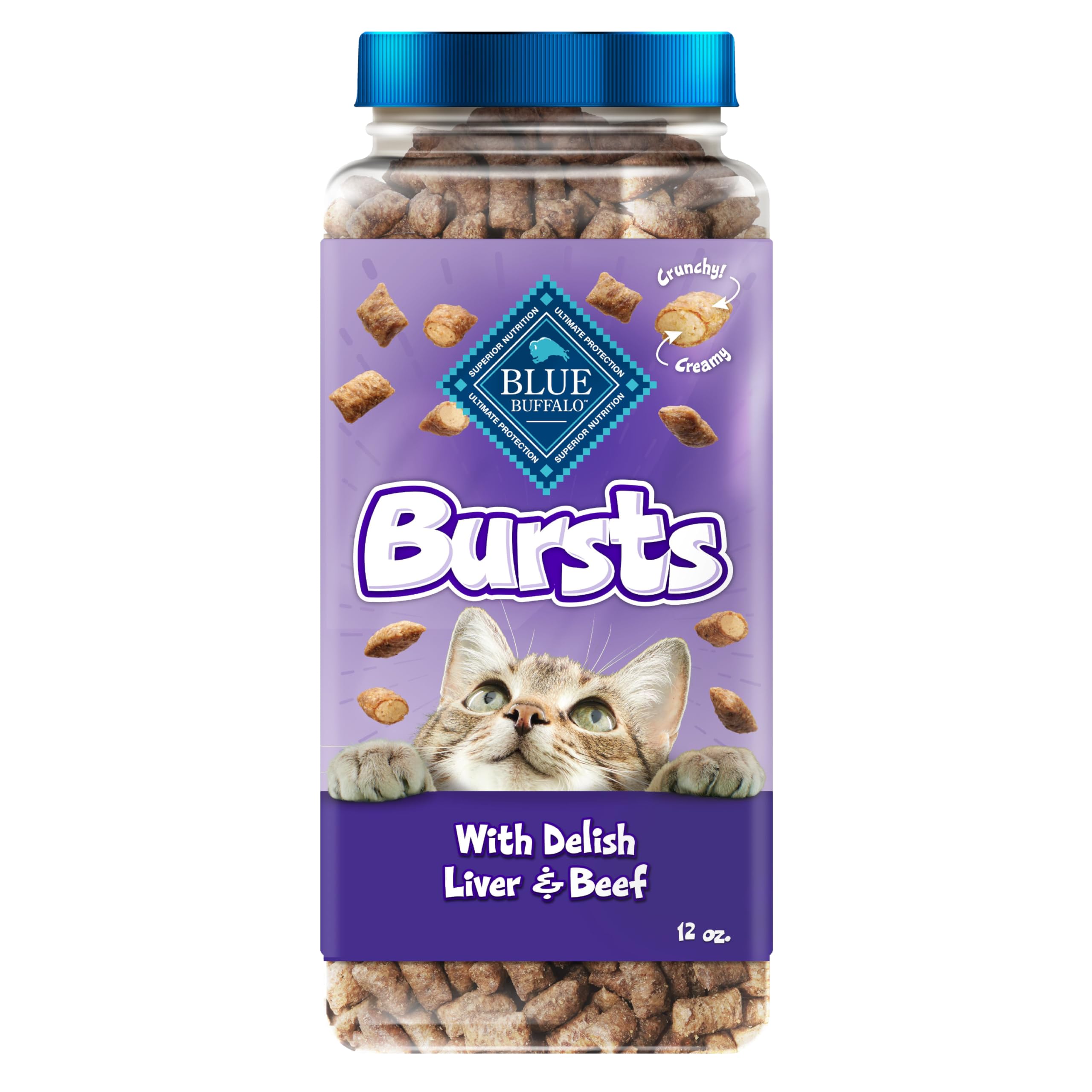 Bursts Crunchy & Creamy Cat Treats, Great for Training, Delish Liver & Beef, 12-oz. Tub