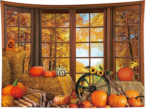 Miniatura 3 de MEUNEAR Tapiz de bosque otoñal, calabaza, girasol, hojas de arce, tapiz de otoño para colgar en la pared para dormitorio, árbol de otoño, paisajes