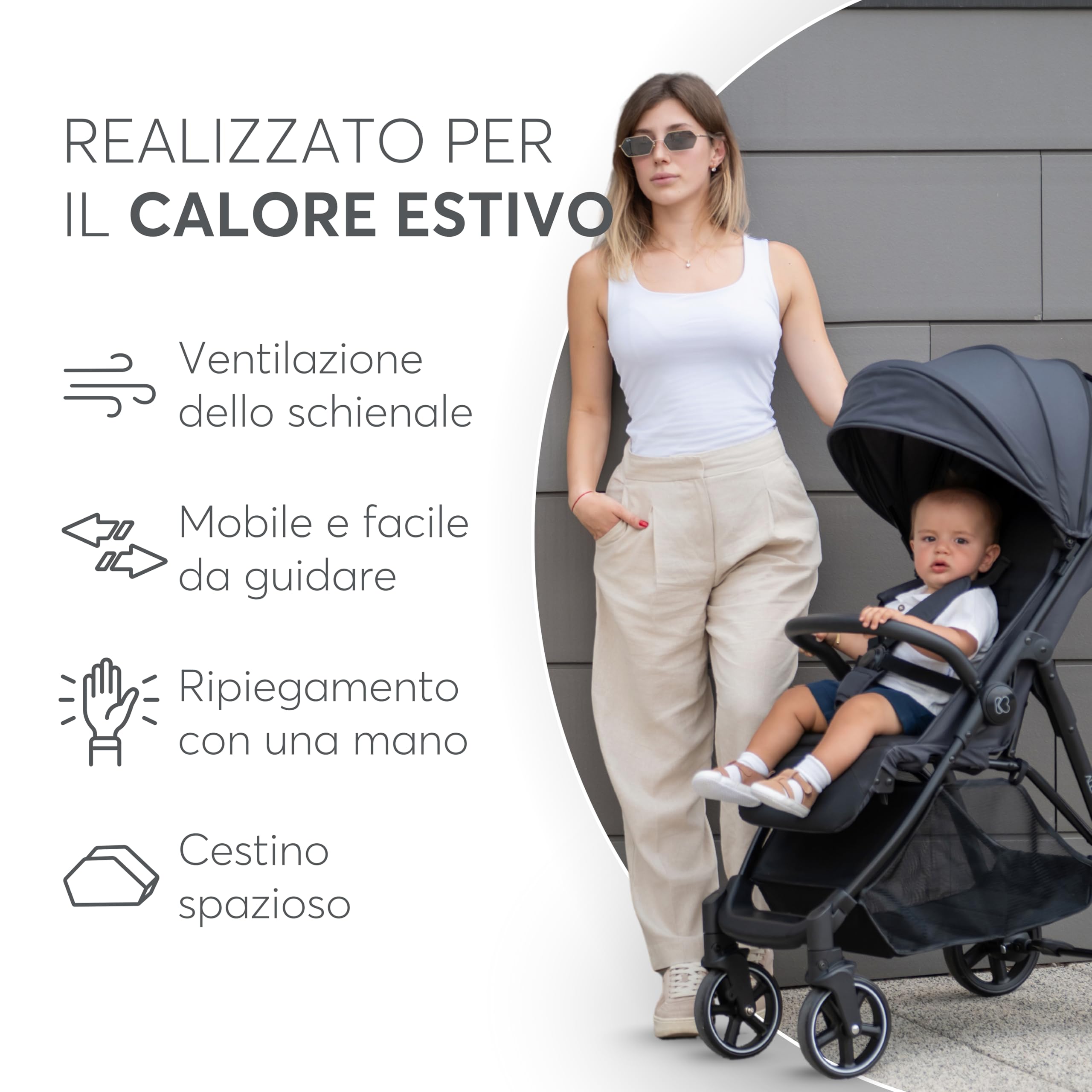 KikkaBoo ALEXA Passeggino Leggero dalla nascita fino a 22 kg, Pieghevole con una mano, Schienale reclinabile, Ruote con sospensioni, Poggiapiedi regolabile, Cintura di sicurezza a 5 punti, Grigio