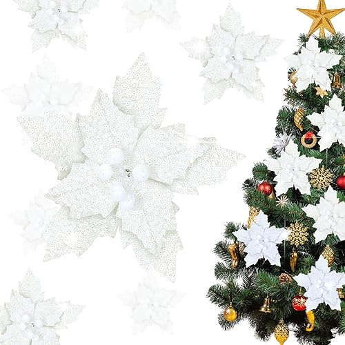 Waydress 16 piezas de flores de Pascua artificiales con purpurina para árbol de Navidad, decoración de Navidad con tallo, corona de Navidad,