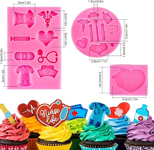 Miniatura 2 de Whaline 3 moldes para fondant de graduación de enfermera, estetoscopio 3D, moldes de silicona 3D, termómetro de patrón médico, molde de resina,