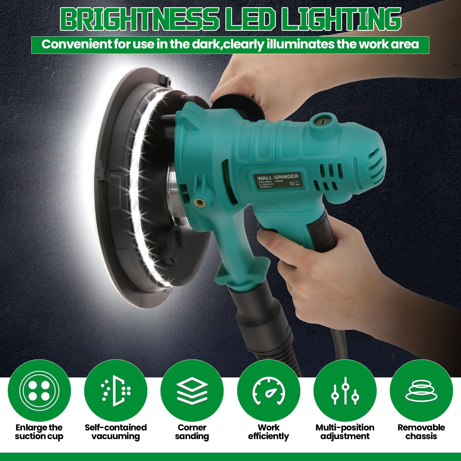 Trockenbauschleifer 800W – 6 Geschwindigkeiten, 180 mm Schleifteller mit Bürstenkranz, Staubabsaugung, 12 Schleifblätter, für Wände & Decken (blau)