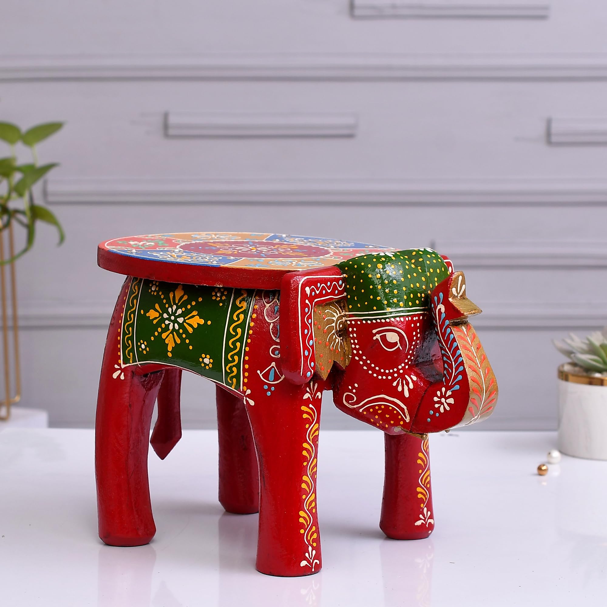 Wooden Handcrafted Elephant Shape Stool Embossed Colorful Painted Decorative Showpiece Multicolor Home, Office, Living Room & Bedroom Decor, 25 x 17 Cm