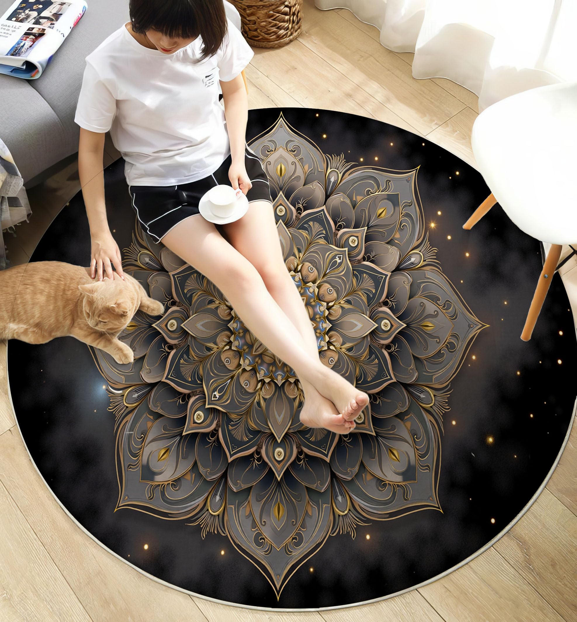 Tapis Rond Univers Mandala pour Salon, 100cm Circulaire Tapis Style Artistique Spirituel Douce Lavable Et Antidérapante pour Chambre Intérieure, Or
