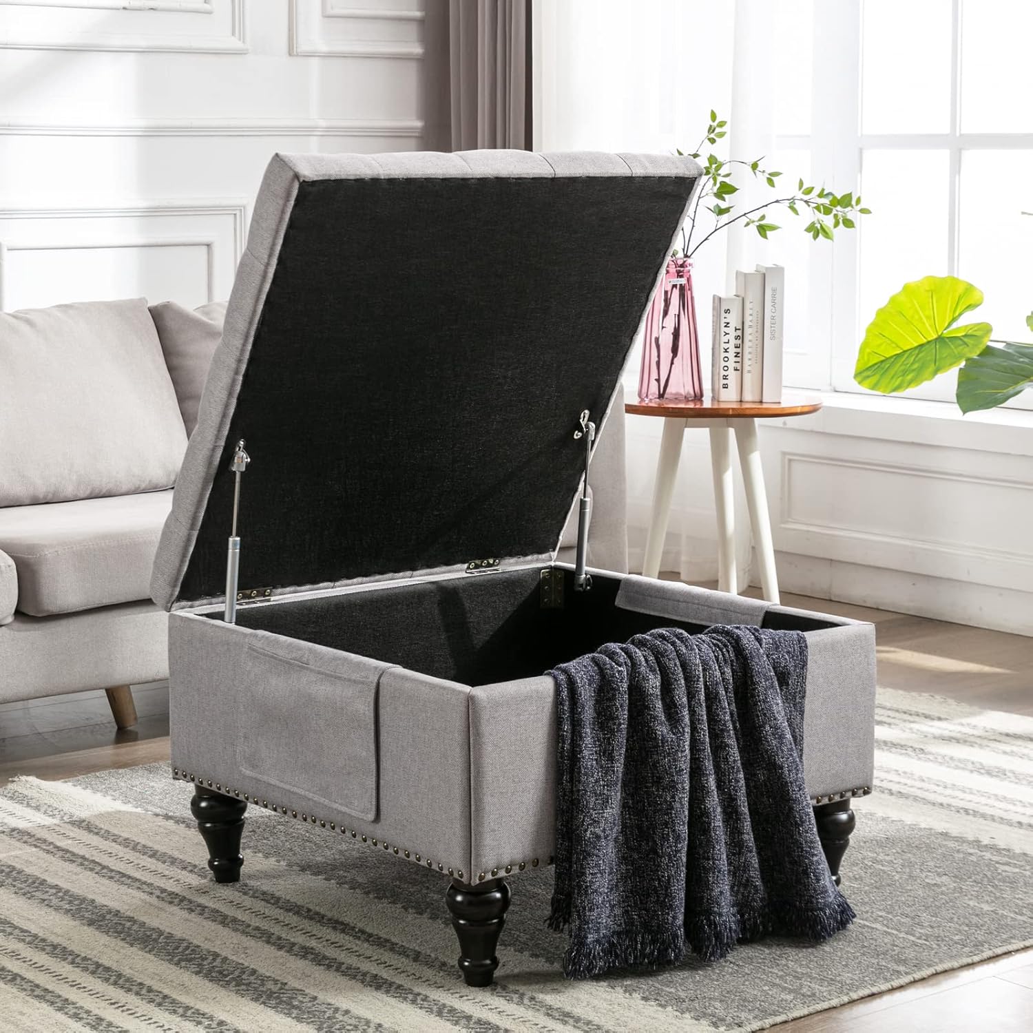 Wide Square Storage Ottoman (Grey) - Image 11