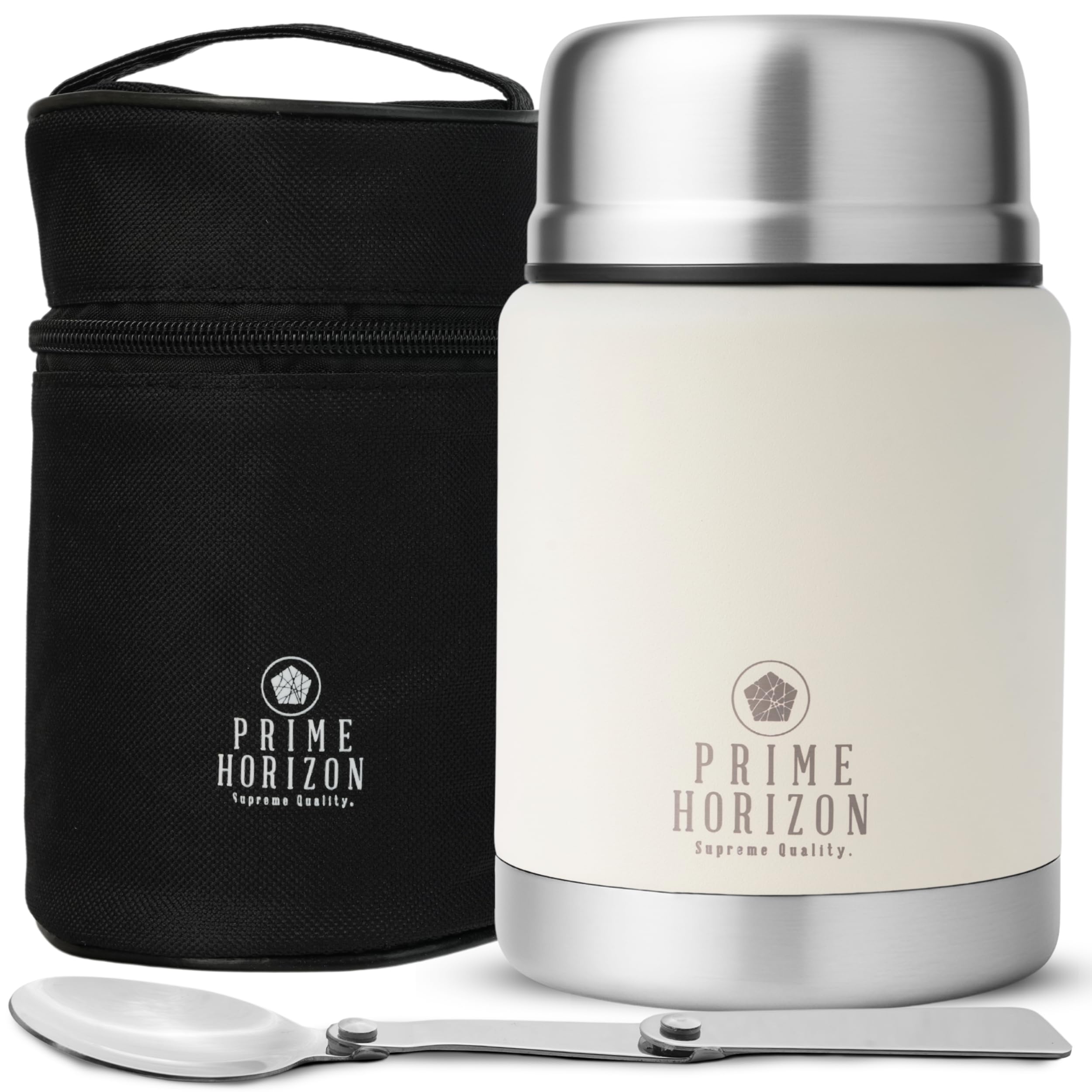 Prime Horizon Food Flask - 500ml Stainless Steel Vacuum Double Wall Jar with Folding Spoon, Leakproof and BPA Free. Free Insulated Travel Bag with Carabiner and Gift Box (Cream)