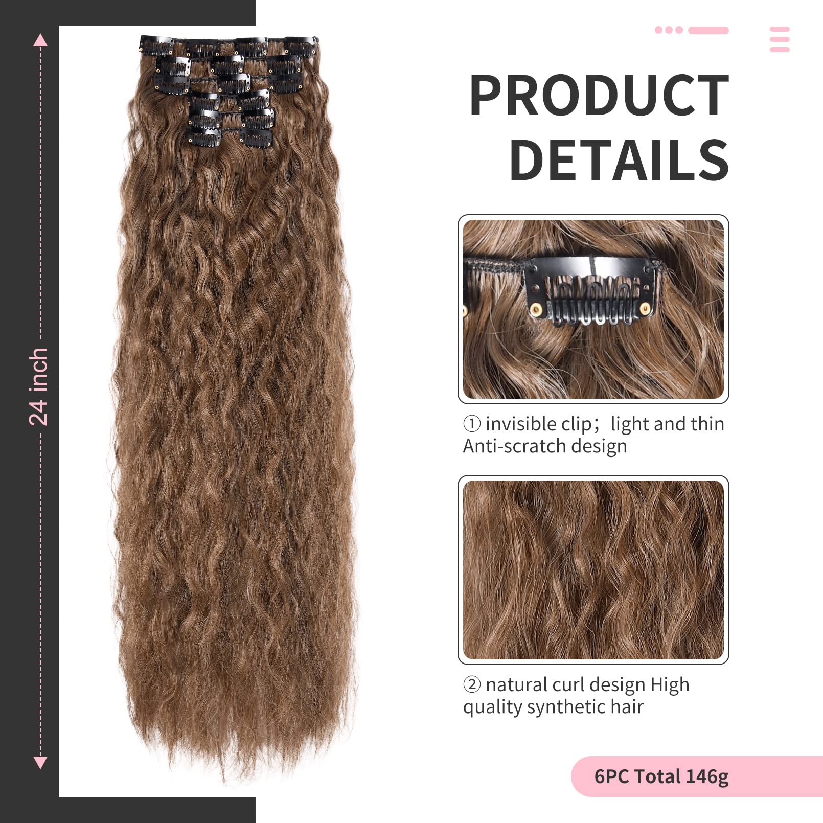 FLUFYMOOZ Clip In Hair Extensions,6PCS Hair Extensions Long Mermaid Waves Wavy Synthetic Clip On Hairpiece For Women 24 Inch (Medium Brown with Medium Auburn) - Image 2