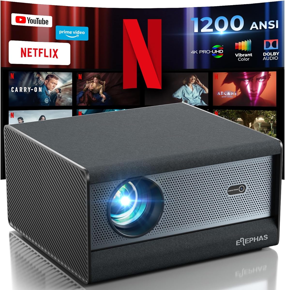 [1200 ANSI/Netflix-Licensed/30W Dolby Audio] ELEPHAS Smart 4K Projector with WiFi and Bluetooth, Dust-Proof Sealed UHD Video Projector, Auto Focus/Keystone, Portable Home Theater for Indoor/Outdoor