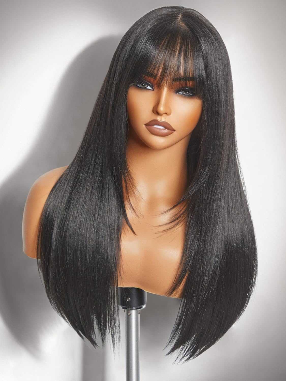 GORGIUS Glueless Wig with Bangs Natural Black Straight Layered Hair Ready-to-Go Synthetic Bang Wigs with Realistic Scalp 24 Inch