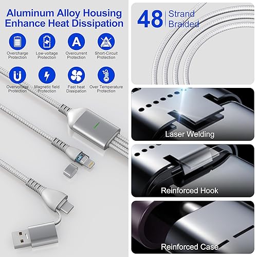 Miniatura 6 de Cable de carga múltiple USB C 4 en 2 de 100 W para iWatchiPhone 15 14AndroidLaptop Certificado MFi, 10 pies, 6A PD Cable de carga múltiple Combo