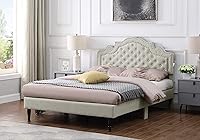 Vista 3 de Base de cama de plataforma tapizada completa con cabecero ajustable de 47 pulgadas de alto, cama de lino con botones, soporte de listones de madera