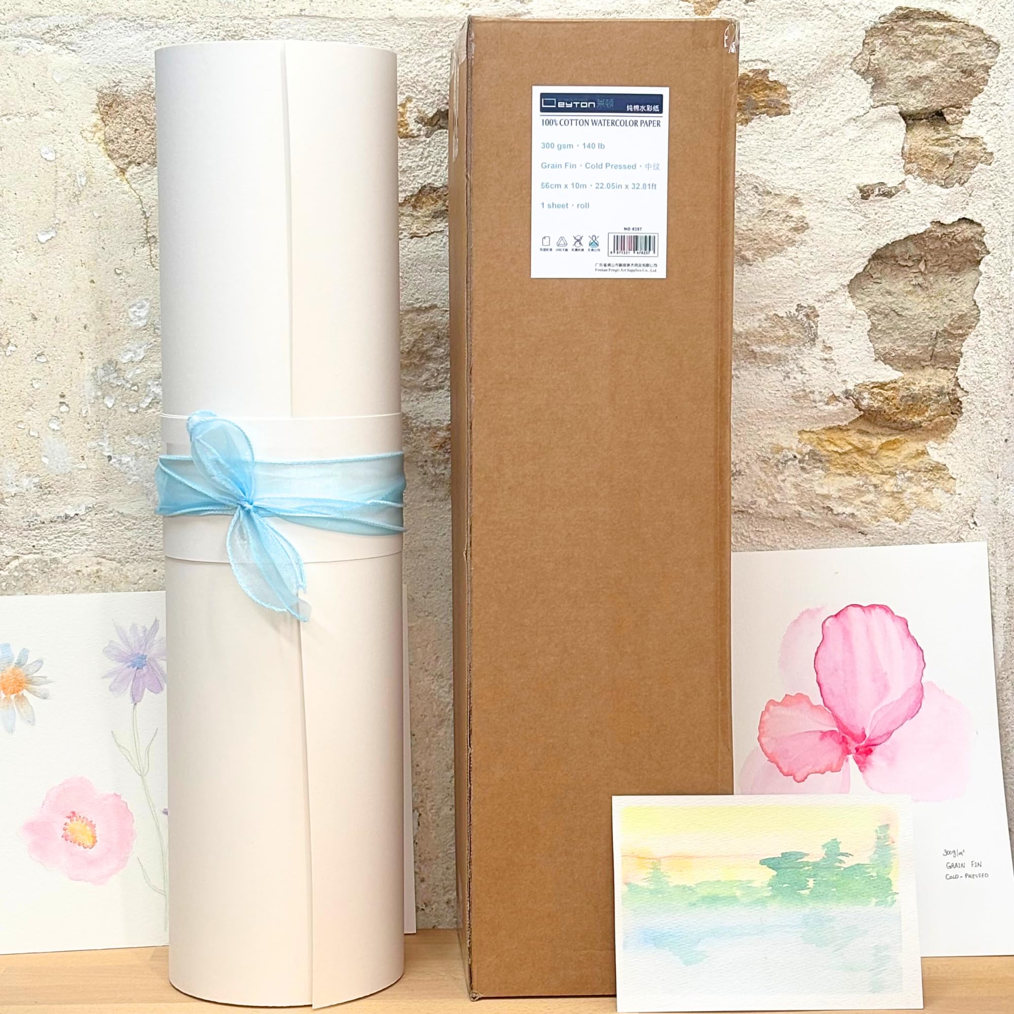 Leyton Papier, 10 Meter Rolle für Aquarell, 100 % Baumwolle, feine Körnung, 300 g, 56 cm x 10 m, Künstlerqualität My Rock Way