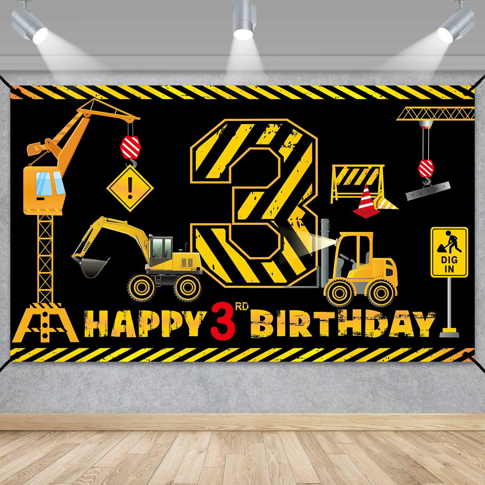 3rd Birthday Decorations for Boys, Excavator Dump Truck Theme Third Birthday Banner Decorations Digger 3 Year Old Bday Banner Backdrop Party Supplies Sign