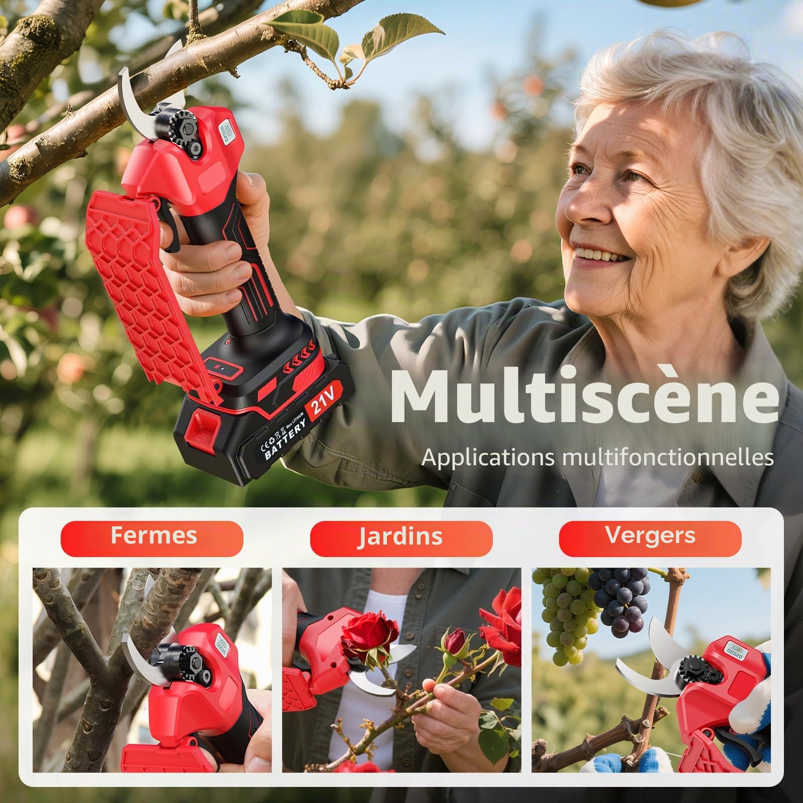 Secateur Electrique Sans Fil 35mm, Sécateur de Jardin avec 2 Batteries et Écran LCD, Lames Sharp Sk5, Moteur Sans Balais, Sécateur Électrique pour Jardinage, Vigne, Arbre Fruitier (Rouge)