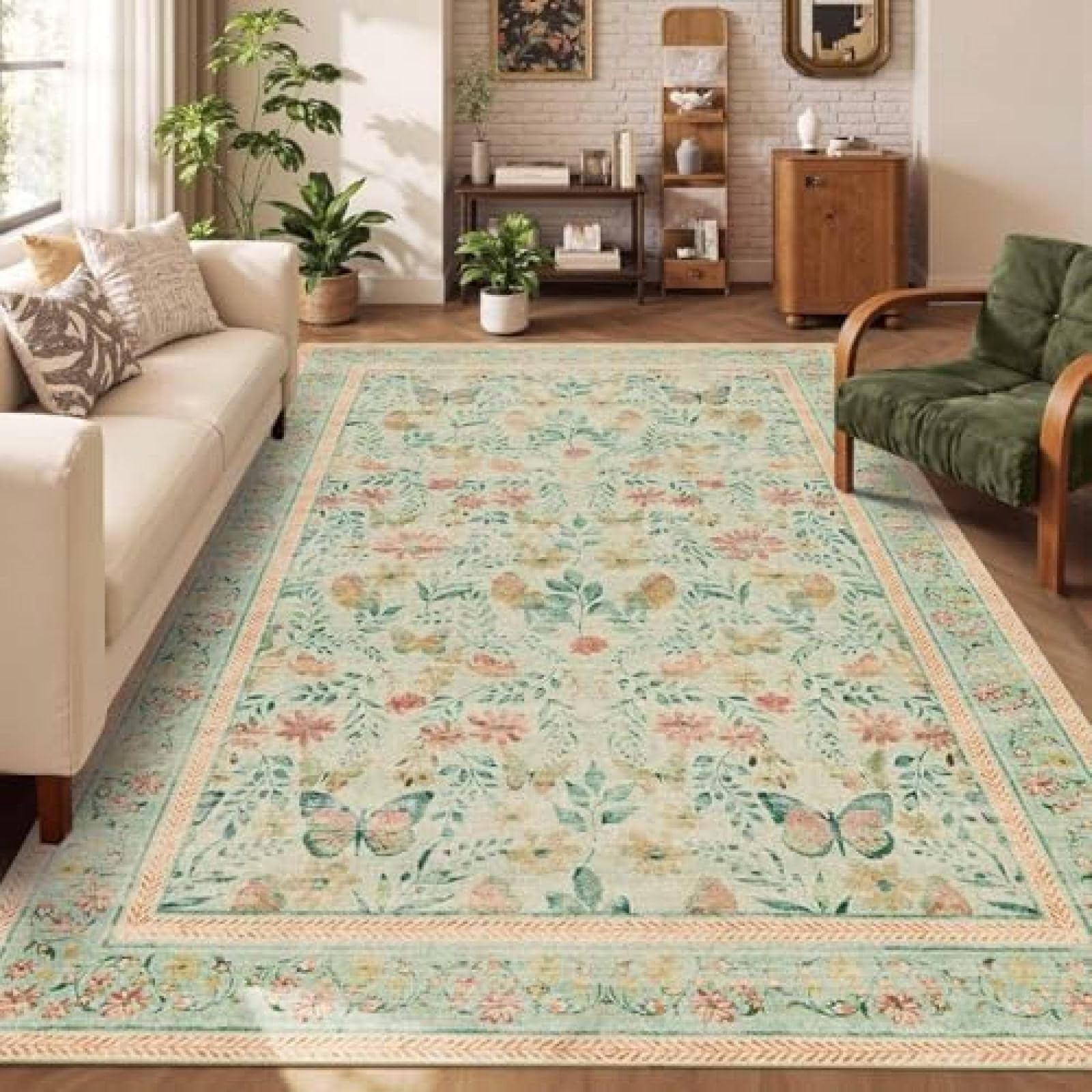 Tapis pour chambre floral traditionnel vert et bleu finitions soignées 180x270cm