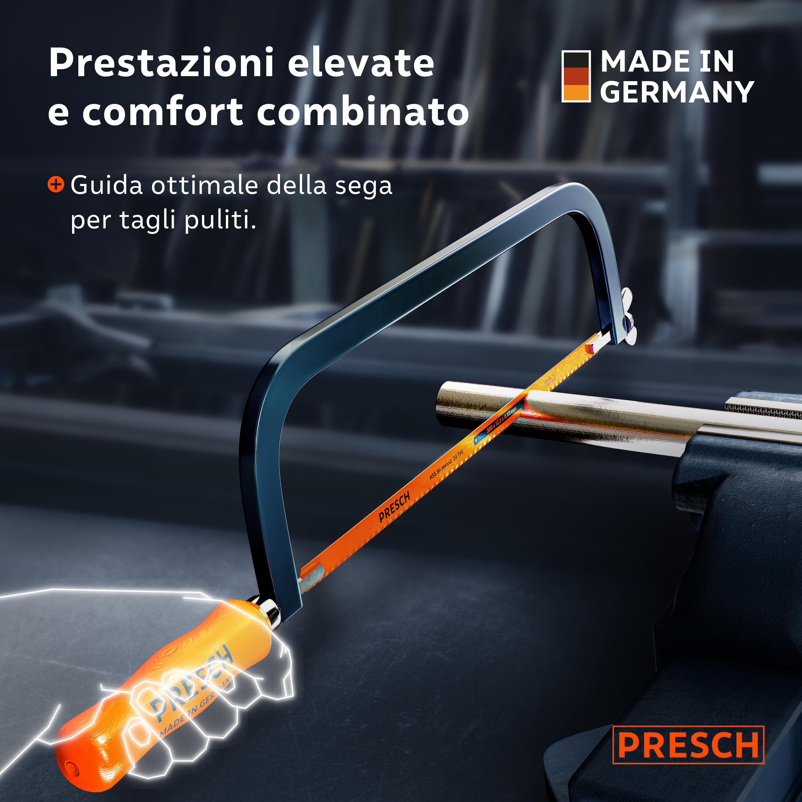 Presch Seghetto per metallo 300mm - Con lama in BI-metal per tagli precisi - Rotazione di 90° della lama per tagli orizzontali e verticali - Sostituzione rapida delle lame - Seghetto per ferro ecc.