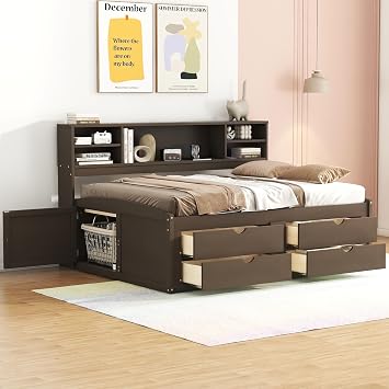 Harper & Bright Designs Full Size Storage Daybed with 4 Drawers, Bookcase and 2 Bedside Cabinets, Solid Wood Full Captains Bed Frame for Kids Teens Adults, No Box Spring Needed - Antique Brown