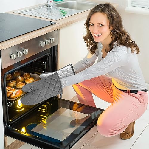 Miniatura 5 de GROBRO7 Juego de 6 manoplas de horno de algodón y soportes para ollas, almohadillas calientes duraderas, lavables a máquina, guantes de barbacoa,