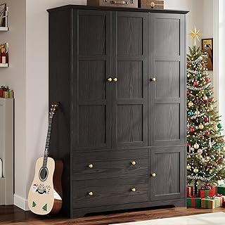 ONBRILL 3 Doors Wooden Wardrobe Closet Armoire with Pull Out Pants Rack, Bedroom Large Capacity Armoire with Drawers and Shelves, Storage Cabinet for Hanging Clothes, Black