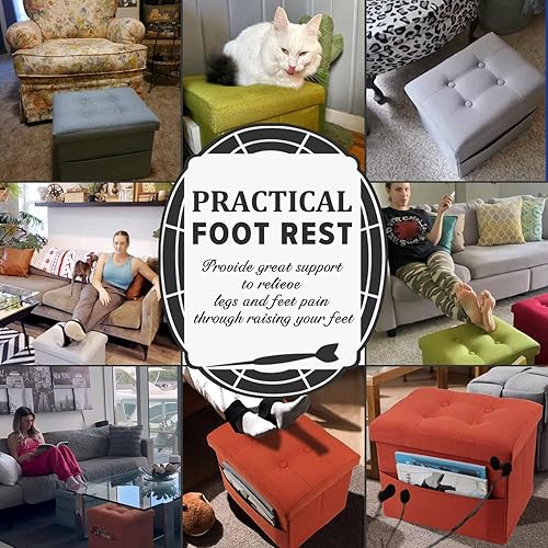 Miniatura 64 de LINMAGCO Taburete otomano plegable con bolsillo lateral, moderno, corto, sofá, tela de lino, 17 x 13 x 13 x 13 (color azul niebla) azul (Fog