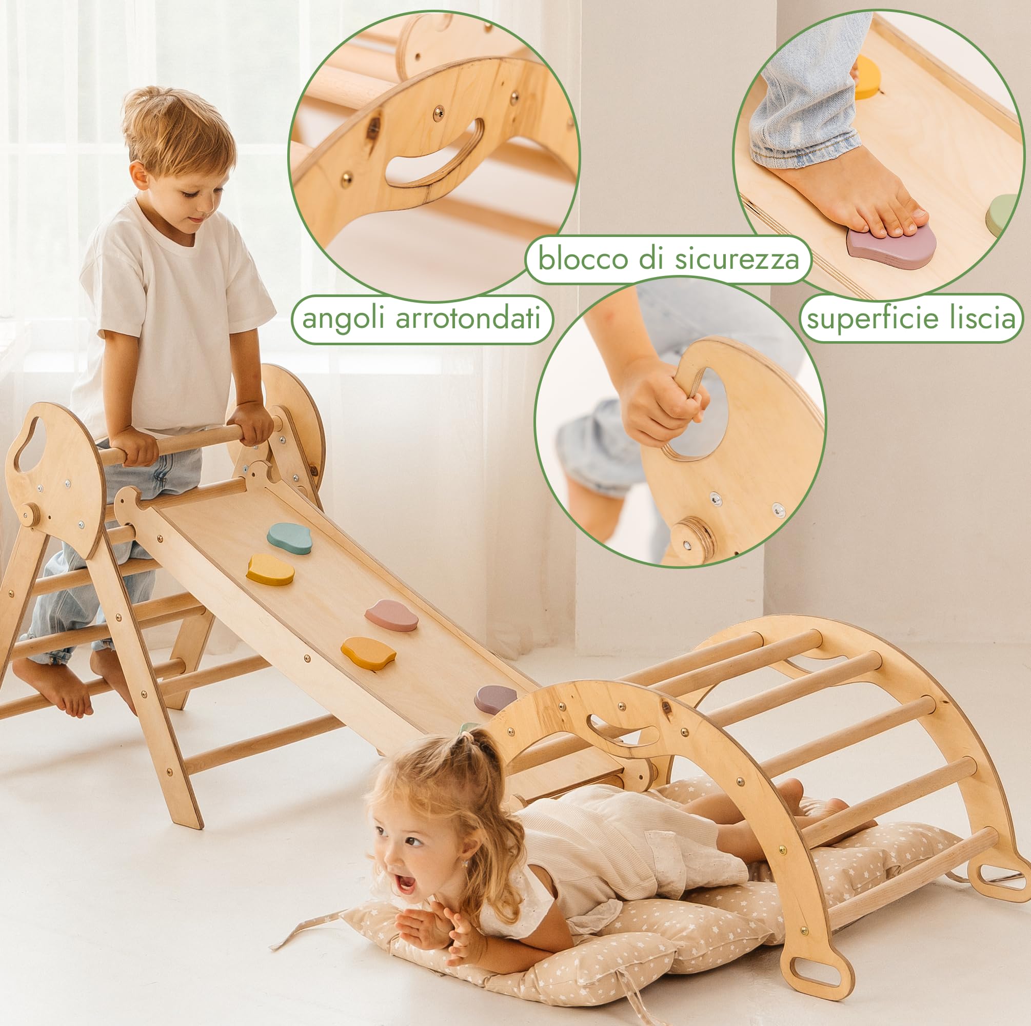Goodevas 5-in-1 Telaio da Arrampicata per Bambini - Scala a Triangolo, Arco per Arrampicata, Balance Board e Cuscino, Telaio da Arrampicata Montessori, Palestra in Legno per Bambini da 1 a 3 Anni