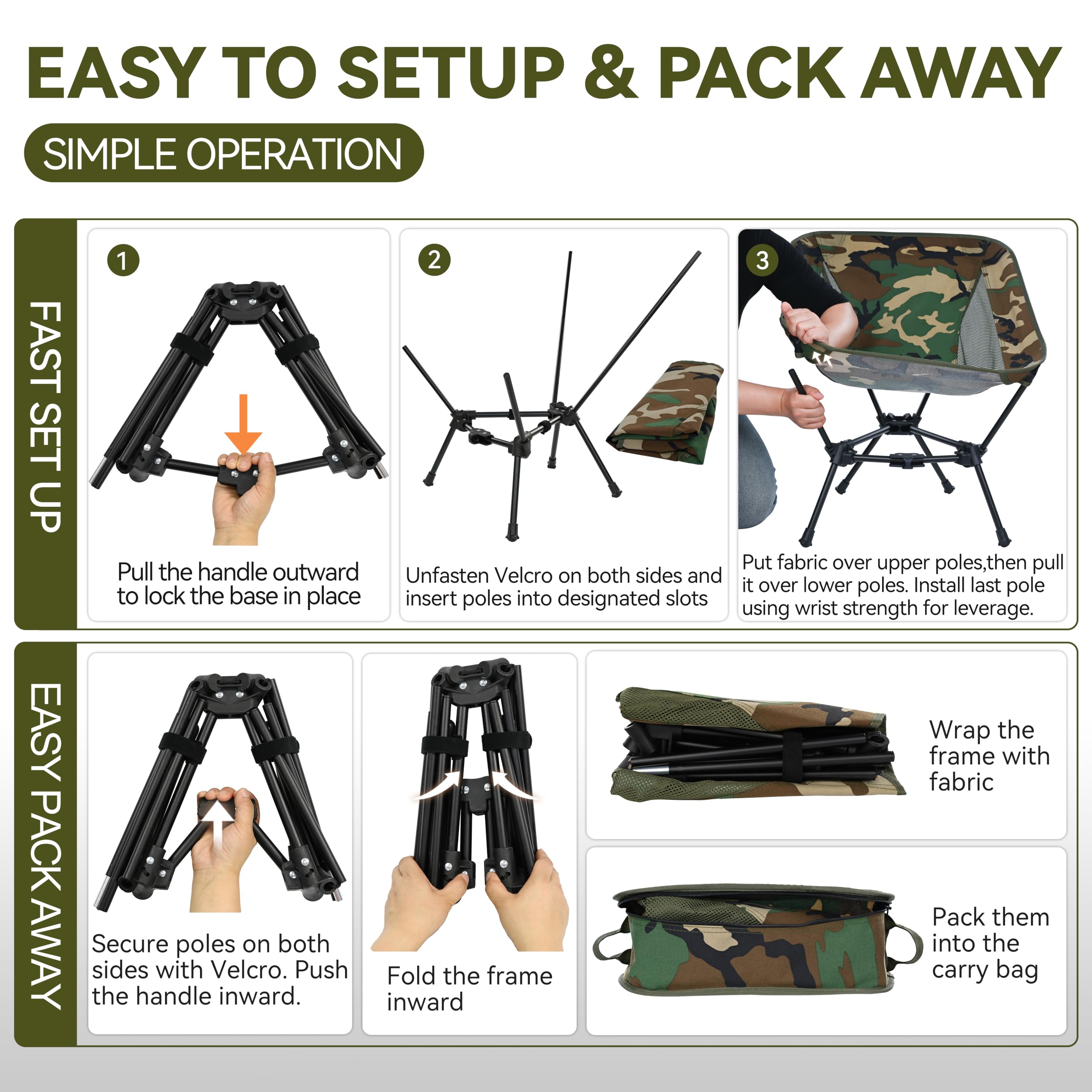 MARCHWAY Silla de camping plegable ligera, estable, portátil, compacta para campamento al aire libre, viajes, playa, picnic, festival, senderismo, mochilero, soporta 330 libras (camuflaje)