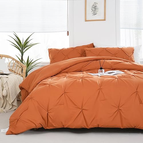 Miniatura 1 de DOWNCOOL Juego de edredón tamaño Queen, color naranja quemado, juego de cama plisado de 3 piezas, edredón suave y esponjoso tamaño Queen para todas