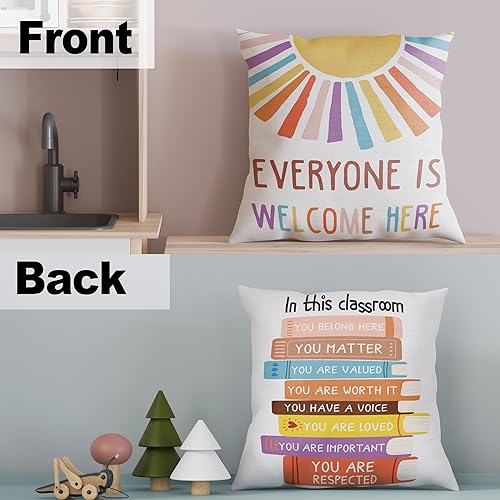 Miniatura 3 de Fundas de almohada decorativas para el aula de 18 x 18 pulgadas, funda de almohada suave de arco iris con texto en inglés Everyone is Welcome Here,