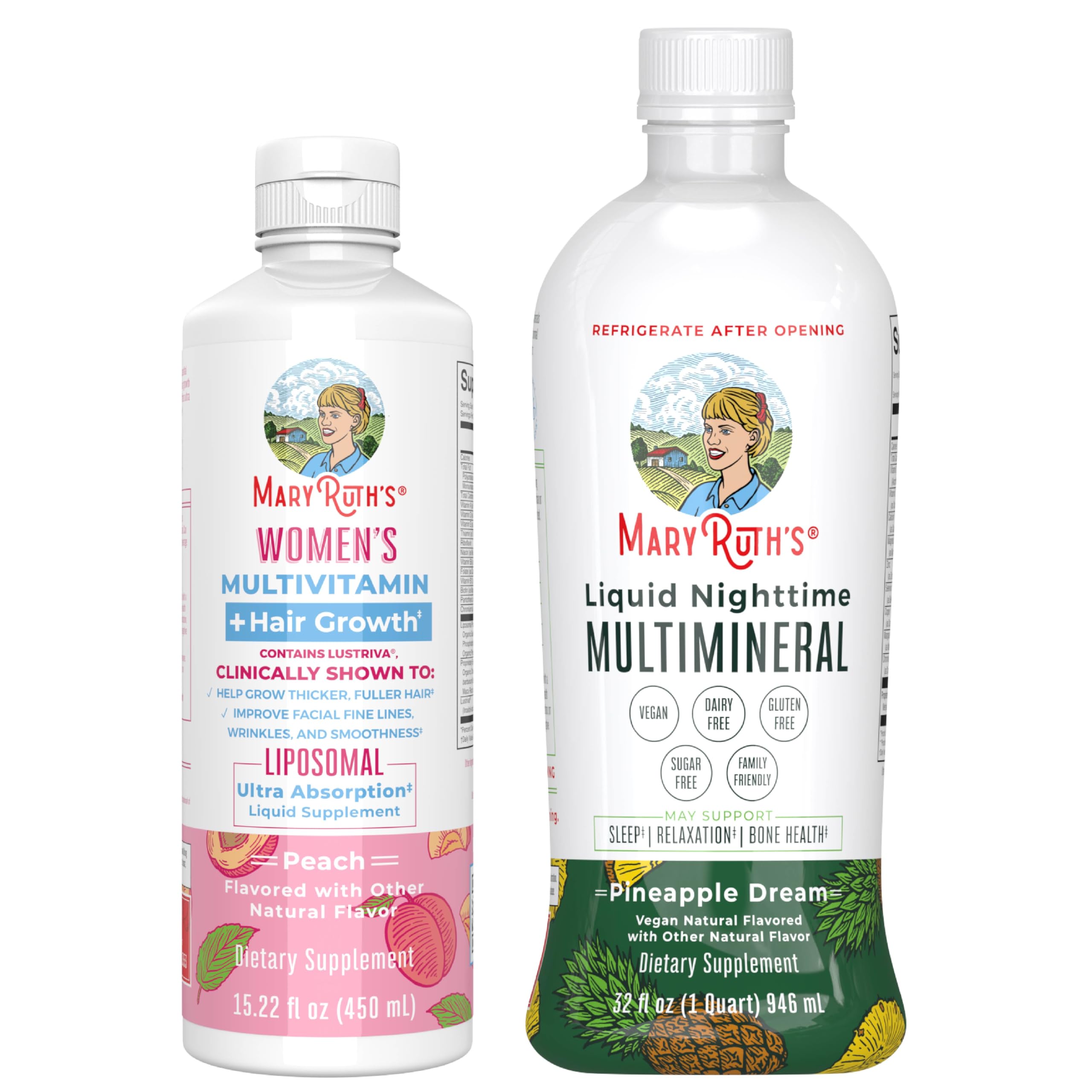 MaryRuth's Women's Multivitamin + Hair Growth Liposomal (Peach) & Liquid Nighttime Multimineral (Pineapple) | Clean Label Project Verified® | Vegan | Beauty, Be