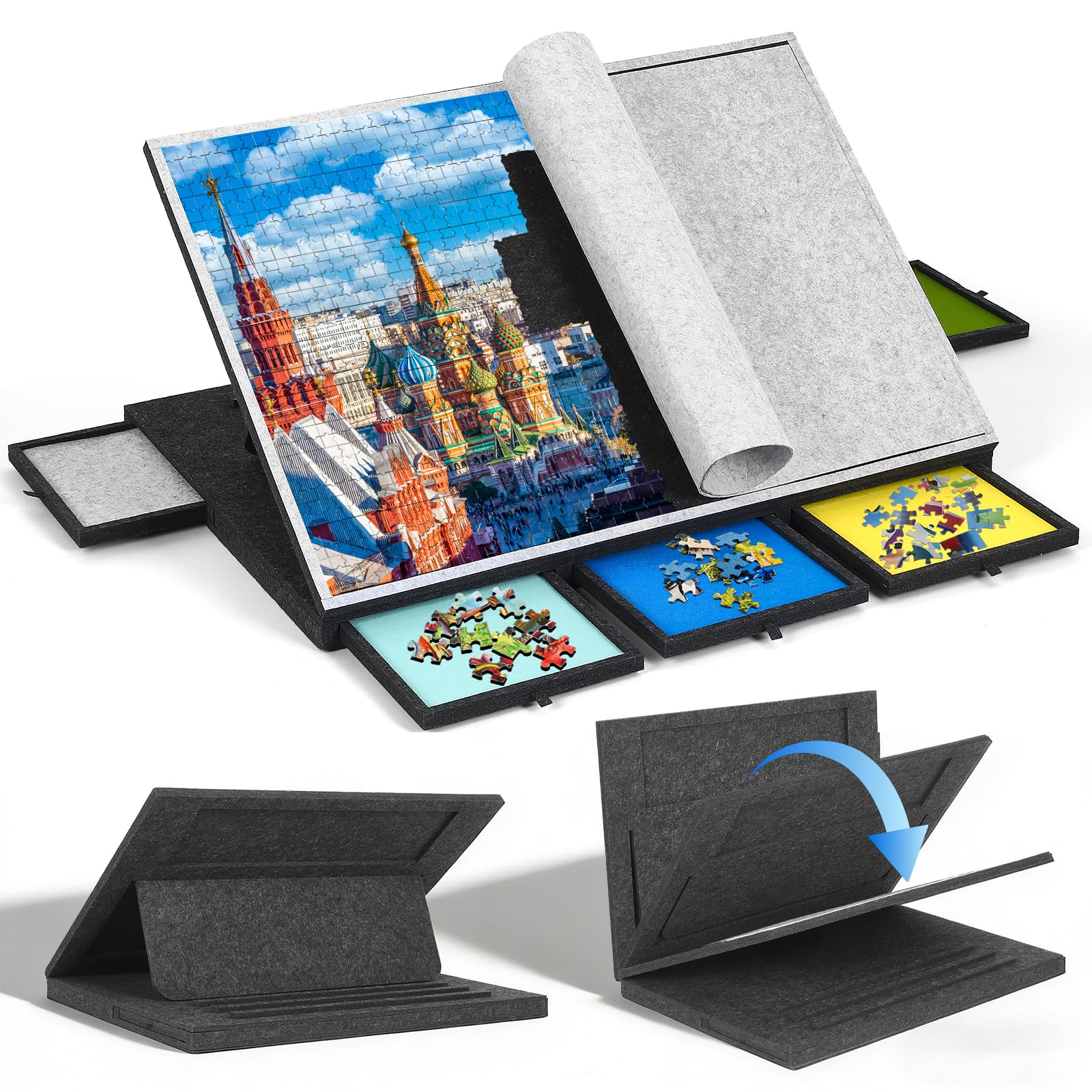 Plateau Puzzle 1000 pièces, Pliable, 5 tiroirs, 77x54 cm, Bords Hauts