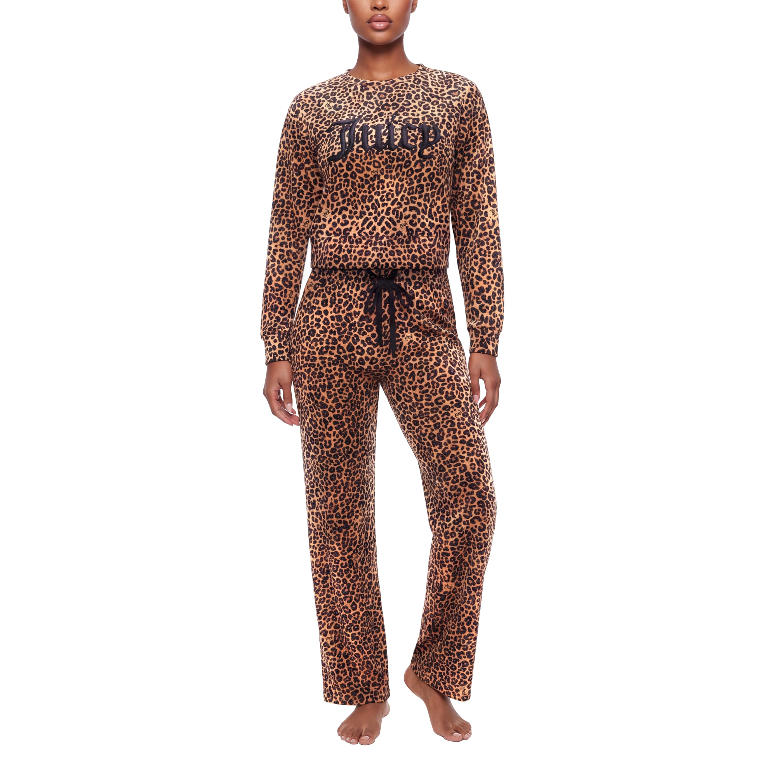 Juicy Couture Women's 2 Piece Velvet Fleece Long Sleeve Pullover Top and Pants Lounge Sleepwear Set