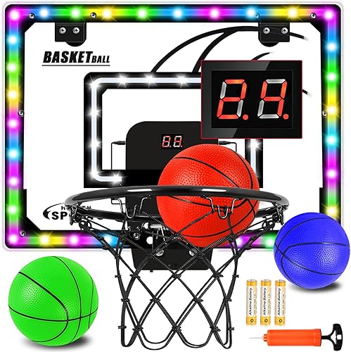 Mini aro de baloncesto para interiores con anotador y baterías, aro de baloncesto para interiores sobre la puerta con iluminación LED colorida,