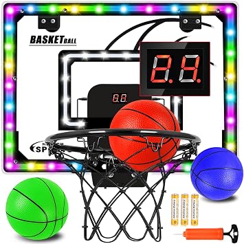 Jugana Mini Basketball Hoop Indoor with Scorer and Batteries, Indoor Basketball Hoop Over The Door with Colorful LED Lighting, Toy Basketball Set for Boys Girls Age 3 4 5 6 7 8