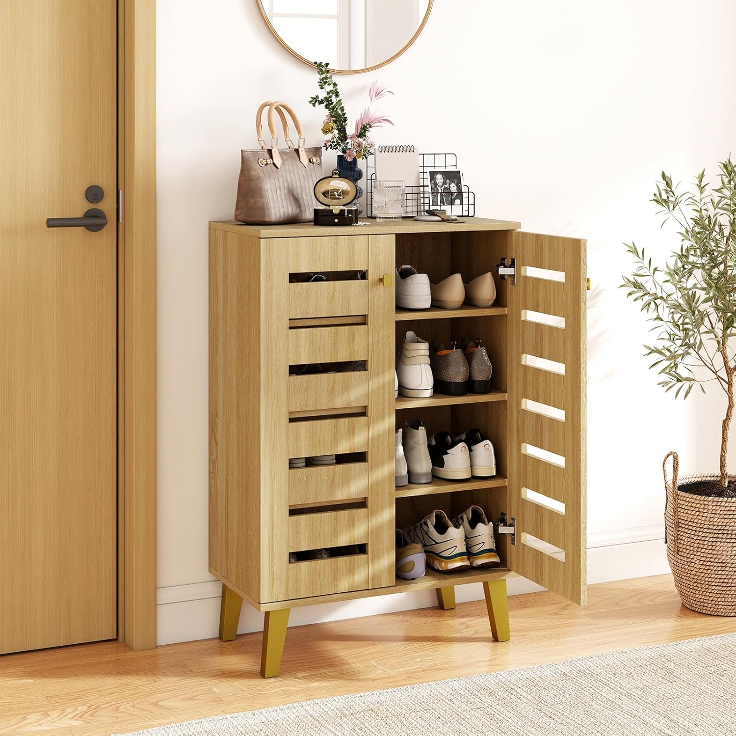 GOFLAME Shoe Cabinet with Doors, 4-Tier Freestanding Shoe Storage Organizer with Removable Shelves, Wooden Shoe Rack Cabinet for Entryway, Hallway, Closet, Living Room