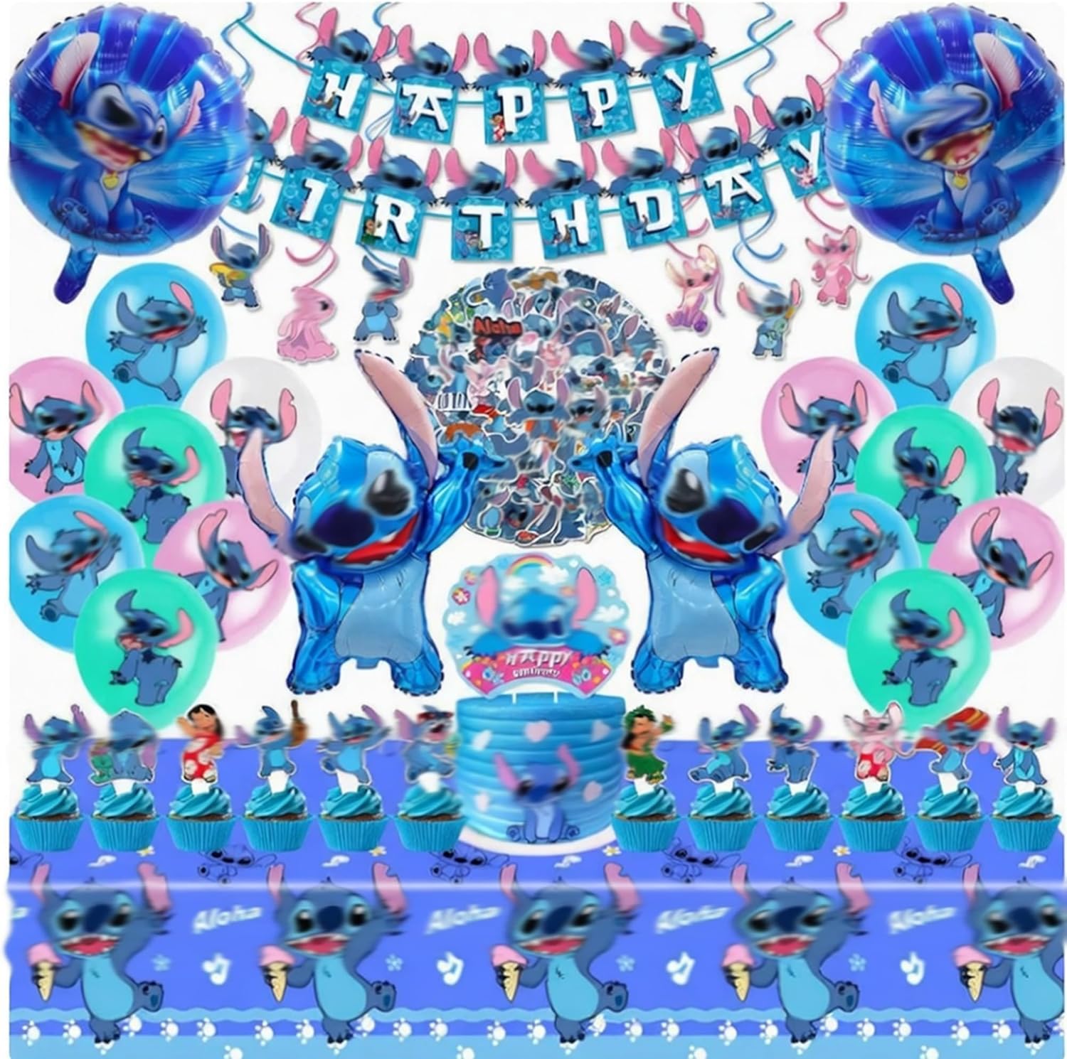 103Pcs Cute Space Creature Themed Birthday Party Supplies,Sti Birthday Decorations Include Birthday Banner, Backdrop, Hanging Swirls, Balloons, Cupcake Toppers, Tablecloth.