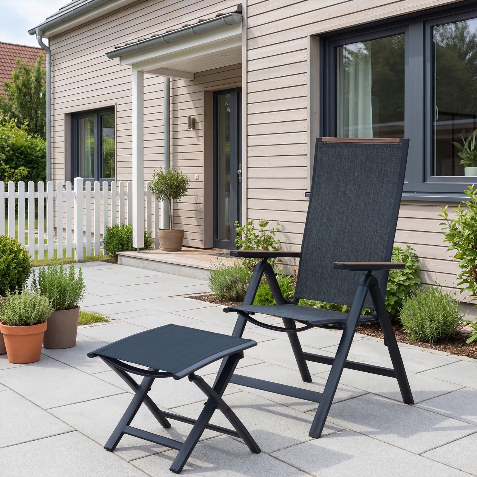 Grand patio Fauteuil Salon, Chaise Pliante Camping, Transat Pliable, Fauteille Relax de Jardin Exterieur, Réglable en 6 Directions, avec Main Courante, Lot de 1