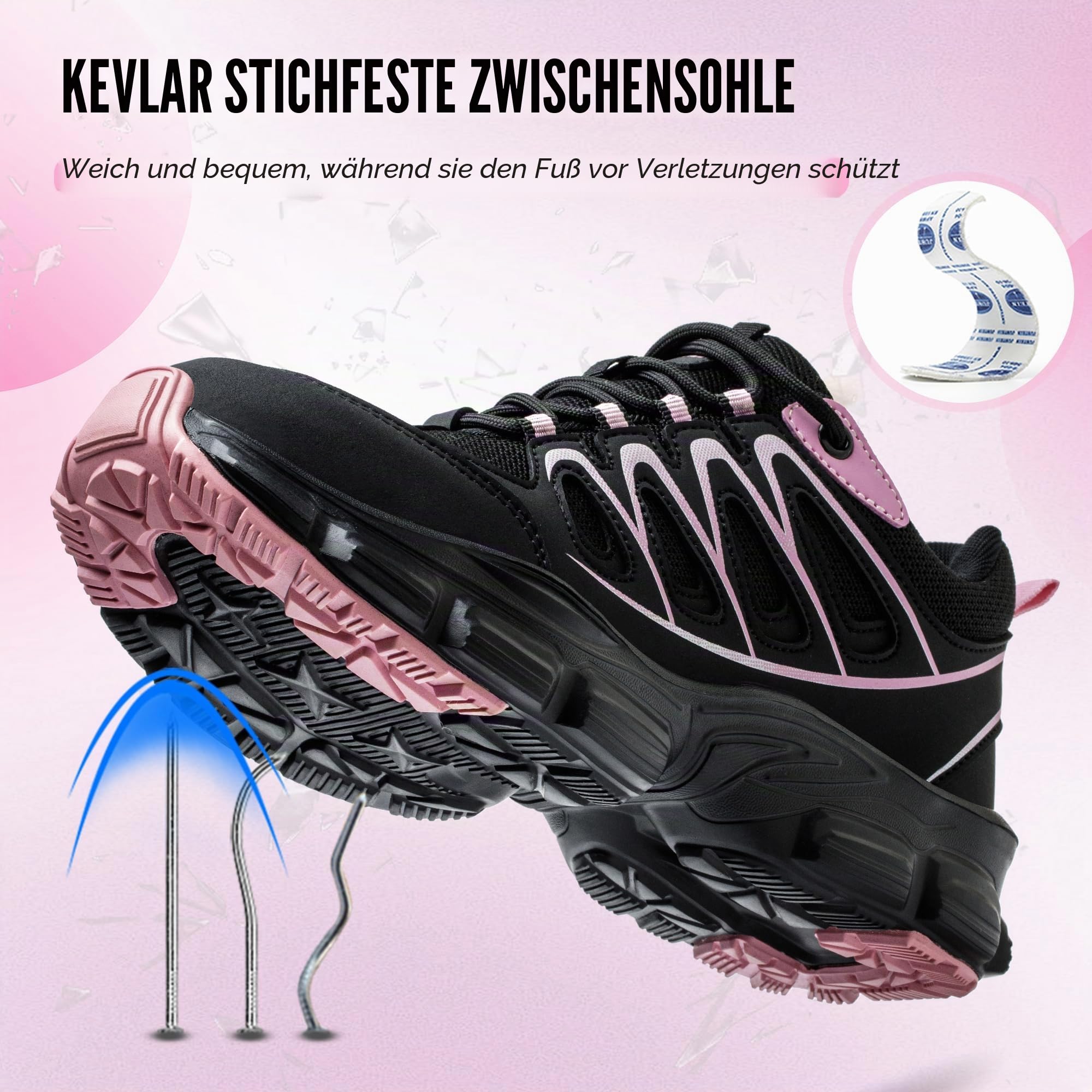 Sicherheitsschuhe für Damen, Stahlkappe, Sneaker, Arbeitssicherheitsschuhe, leicht, atmungsaktiv, Industrie-Sneaker, rutschfest, pannensicher, schwarz/pink, 39 EU