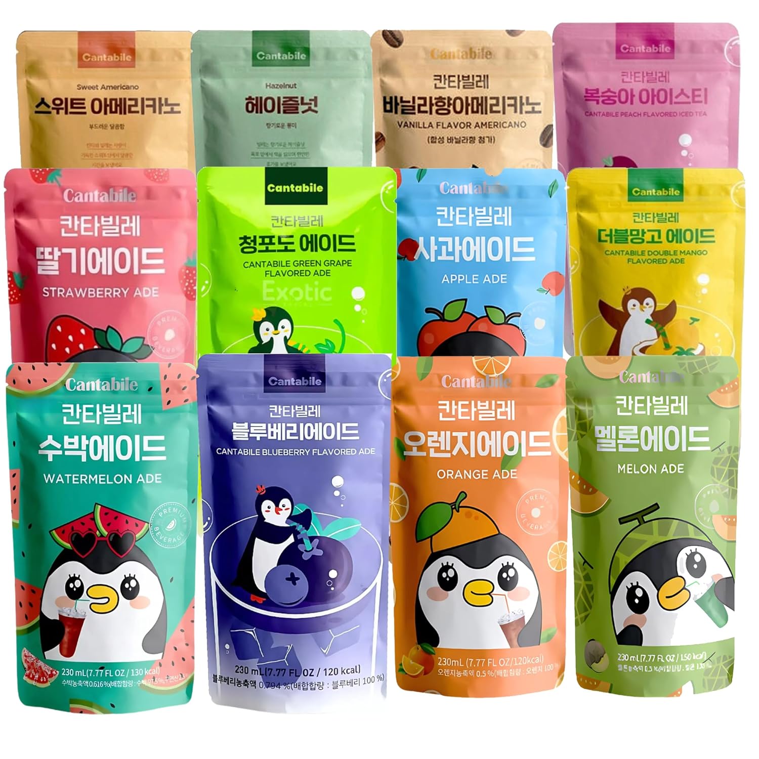 Cantabile Korean Drink Pouch Combo Set of 12 Convenience Store Beverage 230ml(7.77 oz) Each