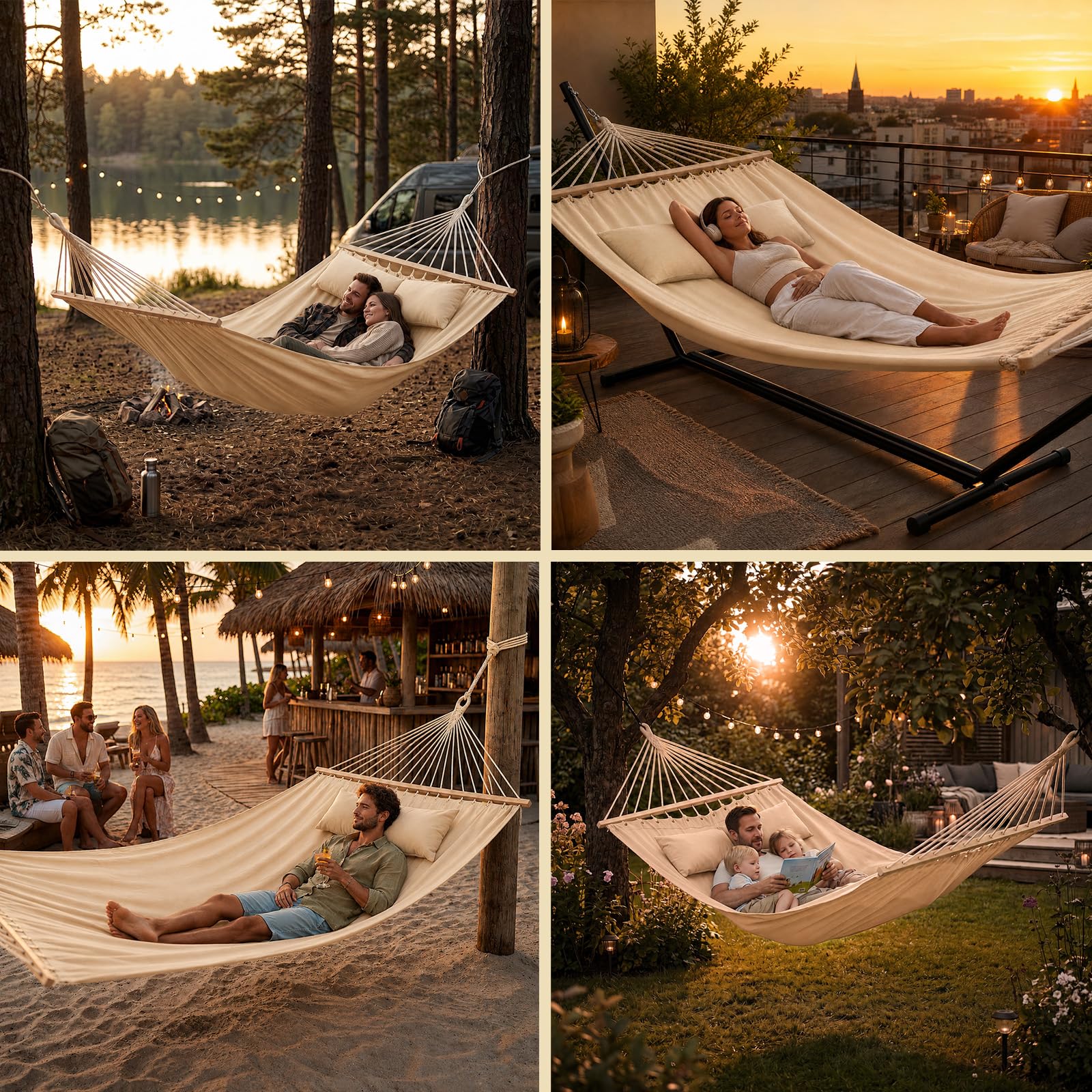 BB Sport Hamac Double Suspendu Barre Deux Personnes 240 x 150 cm Charge Max. 300 kg Couleur Plage