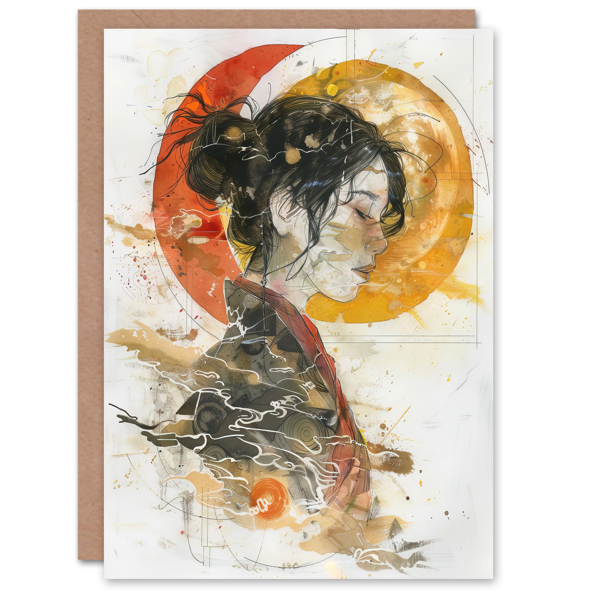Artery8 Greeting Card Otaku Female Samurai Watercolour Portrait Blank For Him Or Her Art Birthday Card