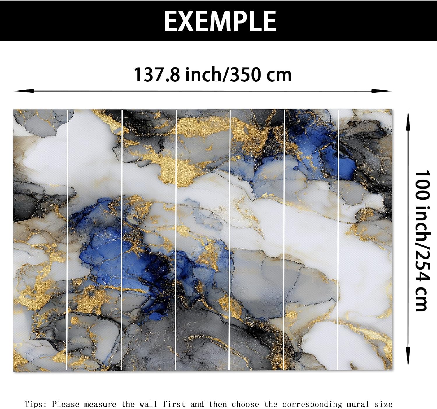 Abstract Gray Blue Marble Peel and Stick Wall Mural 157.5" W x 110.3" H, White Gold Marble Luxury Hd Photo Wallpaper for Living Room, Modern Ink Painting Large Wall Art Poster for Bedroom